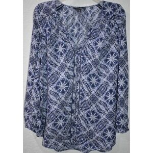 Lucky Brand M Peasant Top Boho Blouse Blue White Aztec Print Long Sleeve V-neck